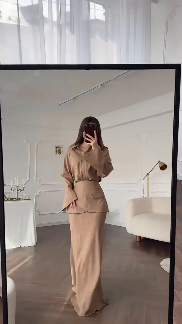 Beiges Set mit Blazer ve Maxirock, stilvolles Outfit, IsabellBoutique030