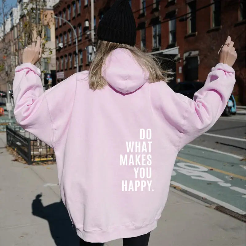 Lockerer Sport Hoodie mit „Do What Makes You Happy“ Print – Kapuzen Sweatshirt - Damenmode online kaufen | Isabell Boutique