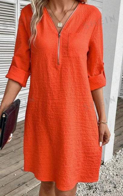 Strukturiertes Damen Kleid mit Reißverschluss, Halbknopfleiste und Taschen - Damenmode online kaufen | Isabell Boutique