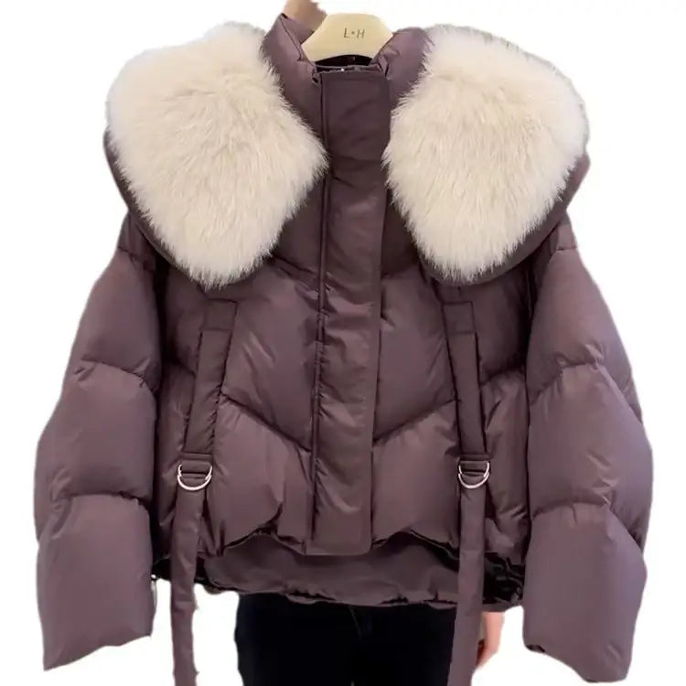 Damen Daunenjacke in Lila mit weißem Pelzkragen, Winterjacke, IsabellBoutique030