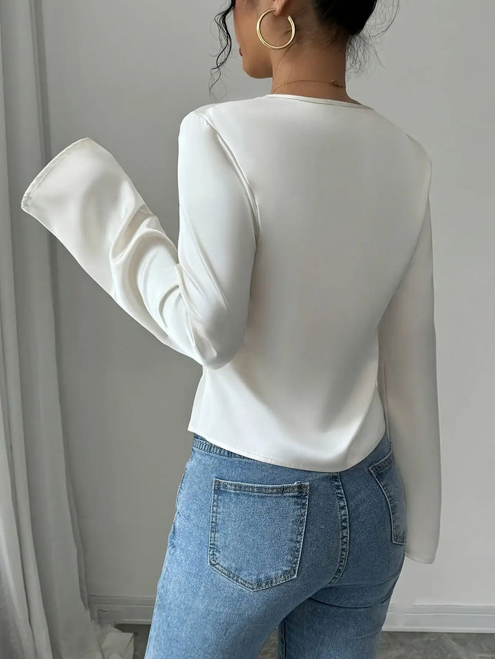 Weißes Langarmshirt mit V-Ausschnitt, Damenmode, IsabellBoutique030