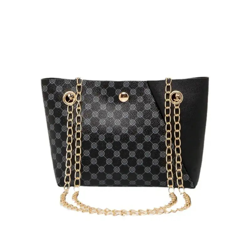Schwarze Handtasche mit Kette und Muster, modisch, IsabellBoutique030