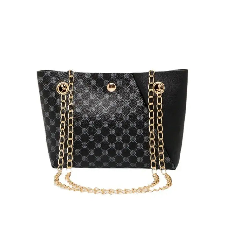 Schwarze Handtasche mit Kette und Muster, modisch, IsabellBoutique030