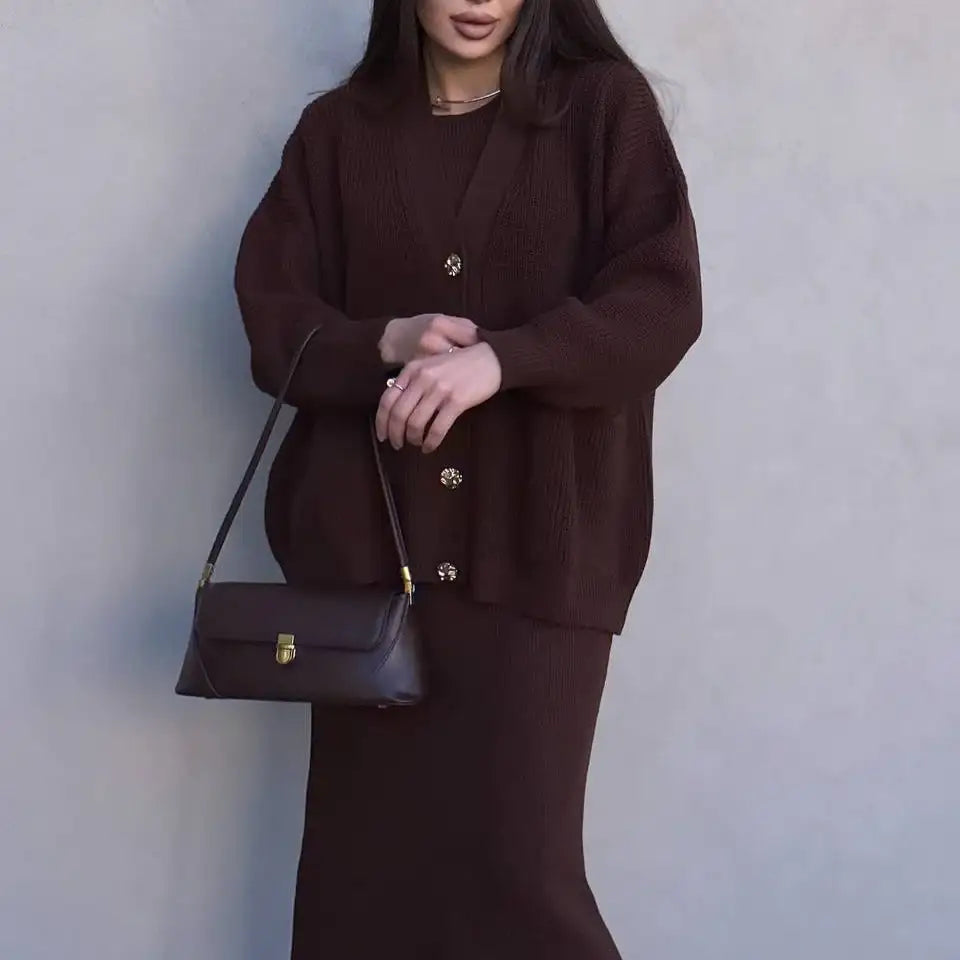 Braunes Strick-Set mit Cardigan ve Handtasche, elegant, IsabellBoutique030