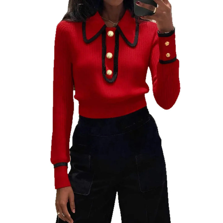 Roter Damen-Pullover mit Knöpfen, schwarzem Kragen und Manschetten. IsabellBoutique030