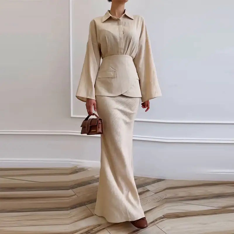 Beiges Damen-Hosenanzug mit ausgestellten Ärmeln, Bleistiftrock, für Damen, IsabellBoutique030