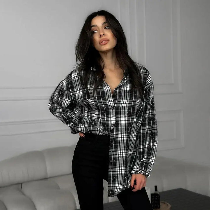 Schwarz-weiß kariertes Hemd, Damenmode, lässiger Stil, IsabellBoutique030