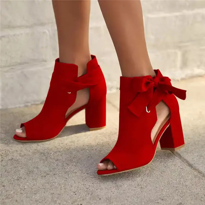 Damen Sandalen im europäischen und amerikanischen Stil mit seitlichen Cut-Outs, Schleife, Blockabsatz und Peep-Toe - Damenmode online kaufen | Isabell Boutique