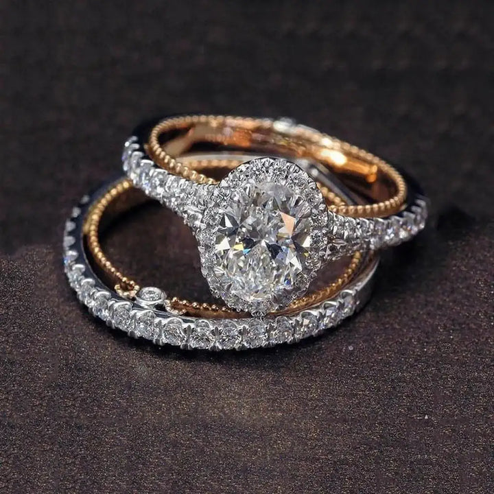 Echtes 925 Sterling Silber Ring-Set – Luxuriöser Ovaler Weißer Saphir, Zweifarbiges 14K Roségold Design, Diamantschmuck für Jubiläum &amp; Verlobung - Damenmode online kaufen | Isabell Boutique