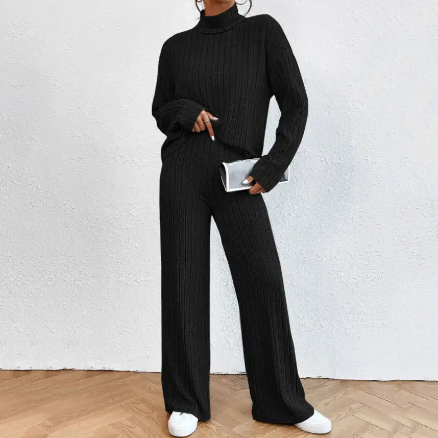 Schwarzes Strick-Set Rollkragenpullover und Hose, Damenmode bei IsabellBoutique030