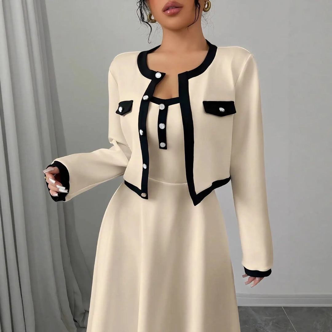 Beige Damenkleid mit Blazer, schwarz abgesetzt, elegant, IsabellBoutique030