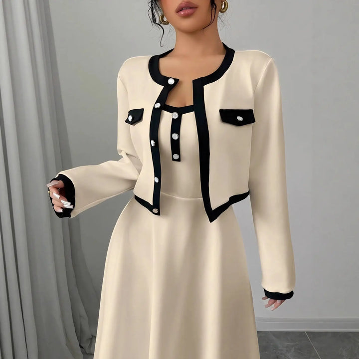 Beige Damenkleid mit Blazer, schwarz abgesetzt, elegant, IsabellBoutique030