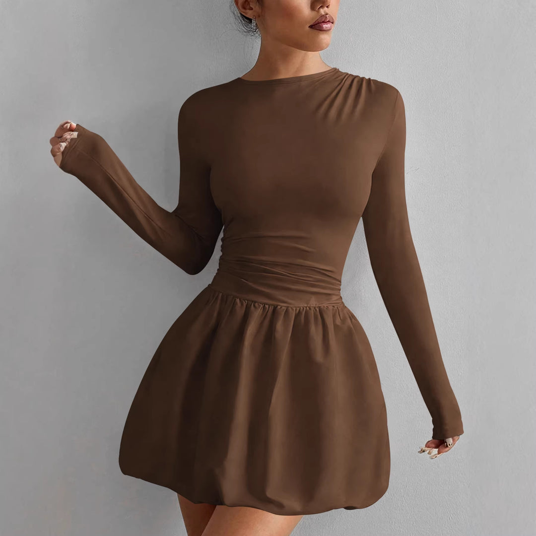 Braunes Rüschenkleid mit langen Ärmeln und A-Linie, figurbetont, elegant, IsabellBoutique030