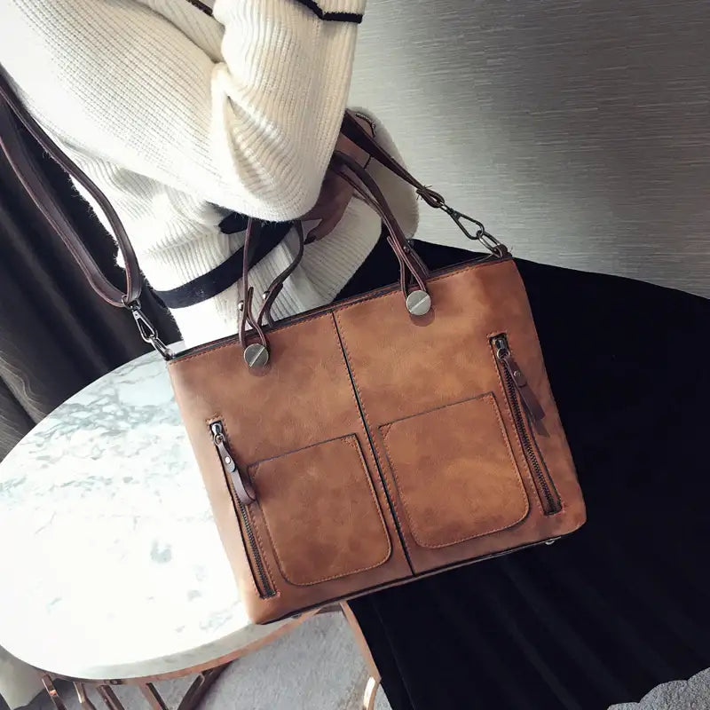Retro PU-Ölleder Handtasche mit Doppelter Tasche – Modische Schulter- und Crossbody-Tasche - Damenmode online kaufen | Isabell Boutique