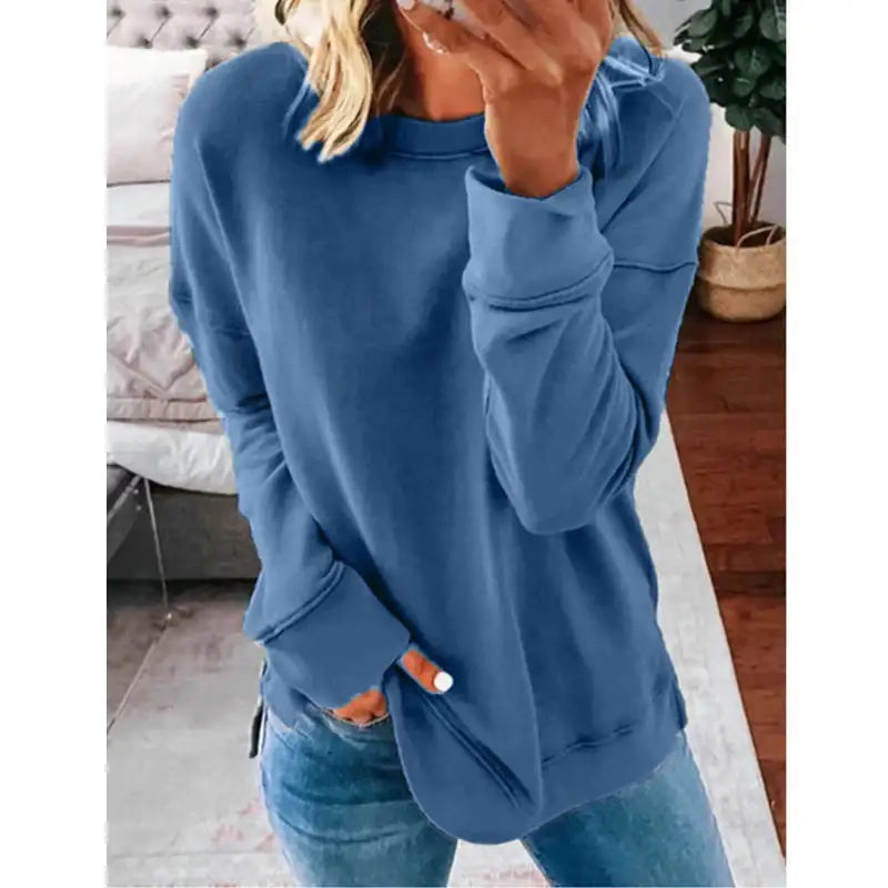 Lässiges Lockeres Langarm T-Shirt mit Rundhalsausschnitt in Unifarbe - Damenmode online kaufen | Isabell Boutique