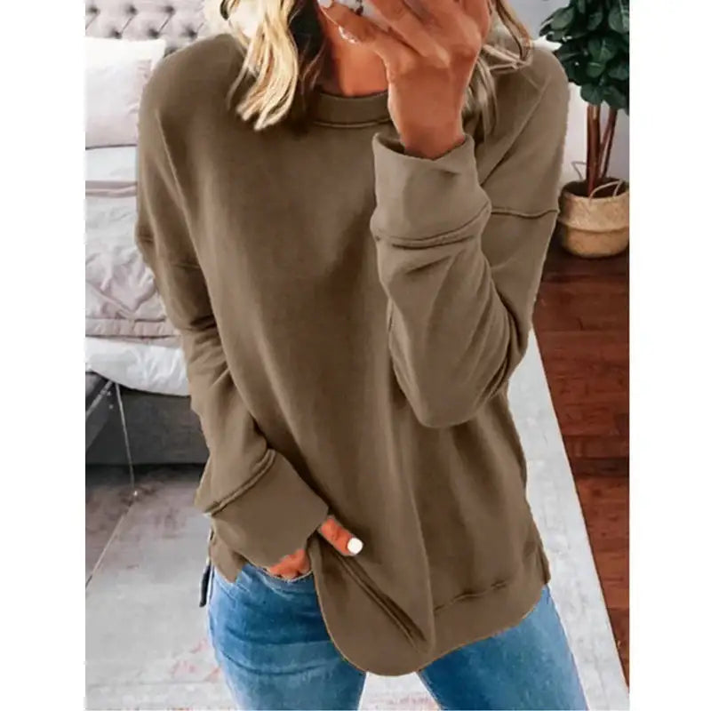 Lässiges Lockeres Langarm T-Shirt mit Rundhalsausschnitt in Unifarbe - Damenmode online kaufen | Isabell Boutique