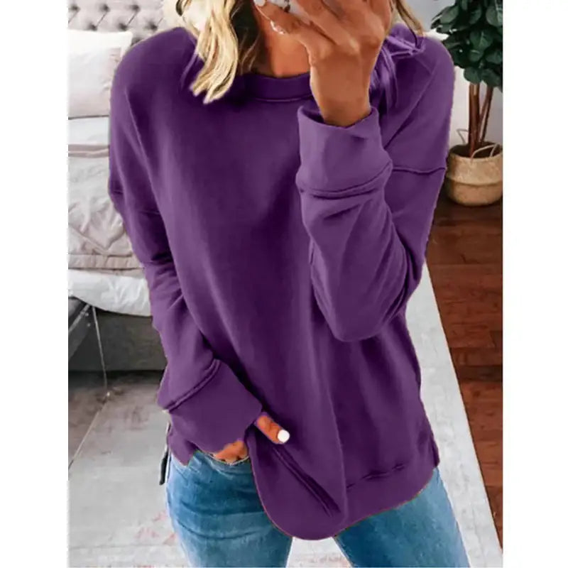 Lässiges Lockeres Langarm T-Shirt mit Rundhalsausschnitt in Unifarbe - Damenmode online kaufen | Isabell Boutique