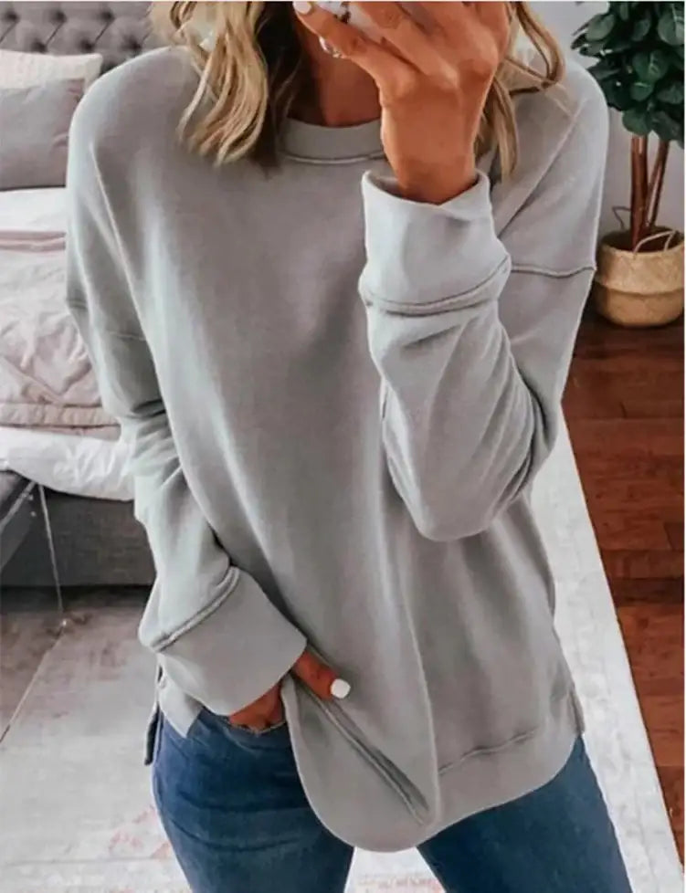 Lässiges Lockeres Langarm T-Shirt mit Rundhalsausschnitt in Unifarbe - Damenmode online kaufen | Isabell Boutique