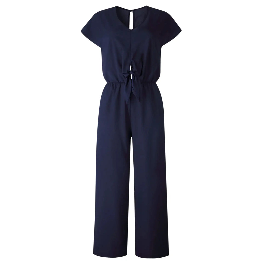 Dunkelblauer Damen Jumpsuit mit Schleife, trendiger Style bei IsabellBoutique030