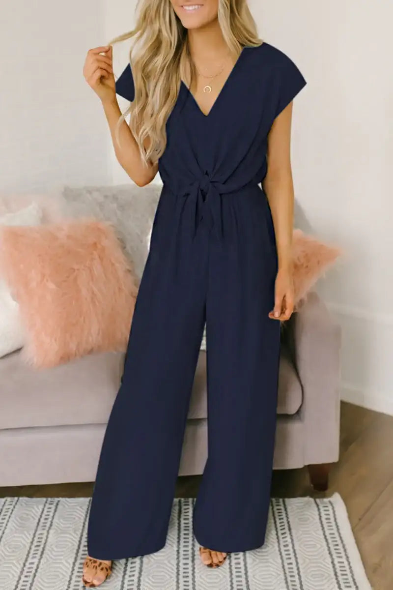 Dunkelblauer Damen Jumpsuit mit Knoten, weitem Bein, V-Ausschnitt, IsabellBoutique030