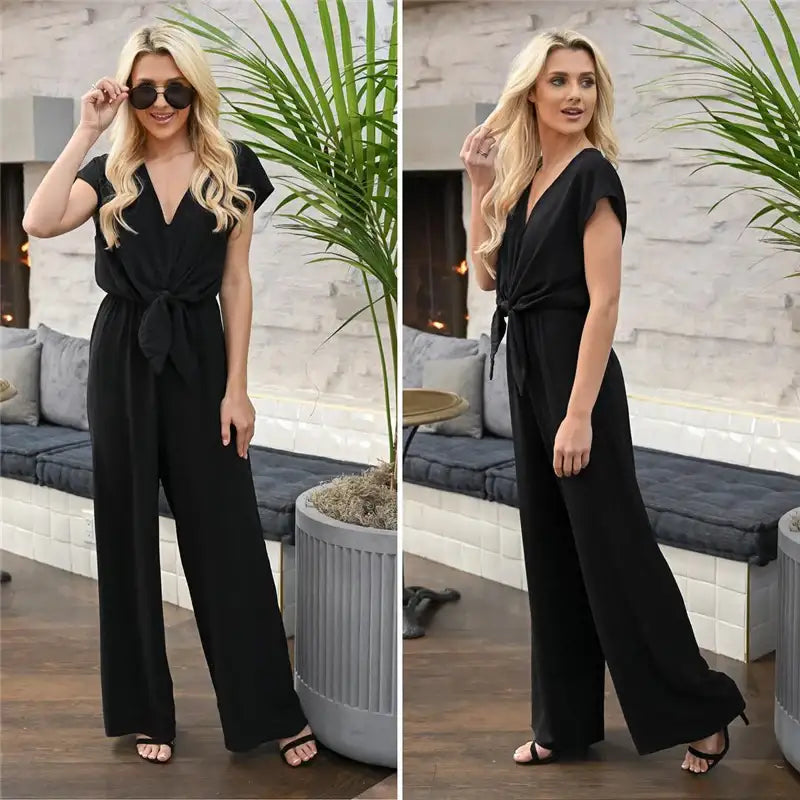 Schwarzer Jumpsuit mit Knoten, breite Hose, V-Ausschnitt, Damenmode. IsabellBoutique030