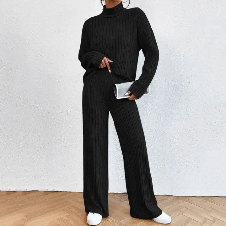 Schwarzes Strick-Set Rollkragenpullover Hose, Damenmode bei IsabellBoutique030