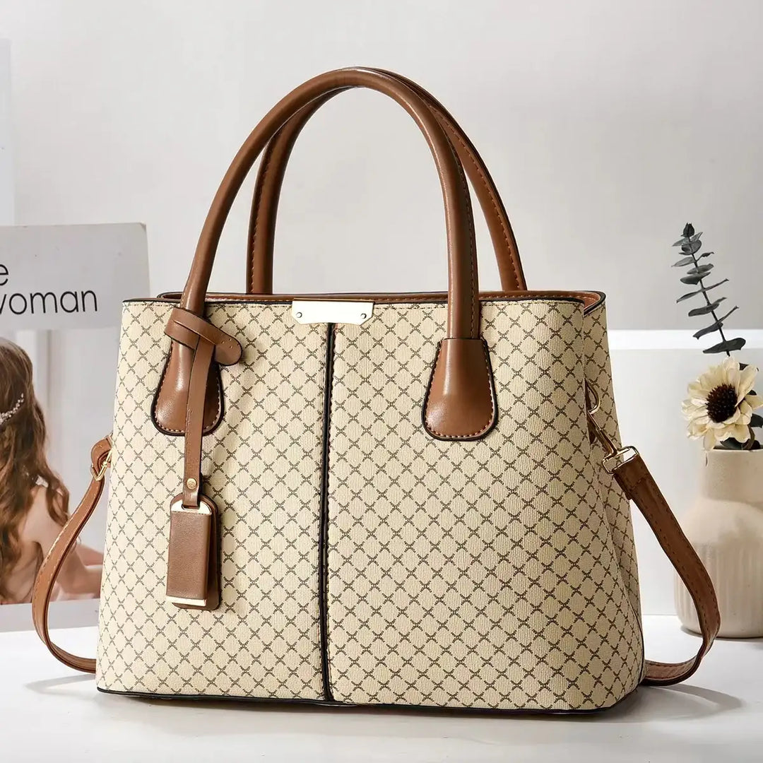 Beigefarbene Handtasche mit braunen Henkeln ve Muster, Damenmode. Bei IsabellBoutique030