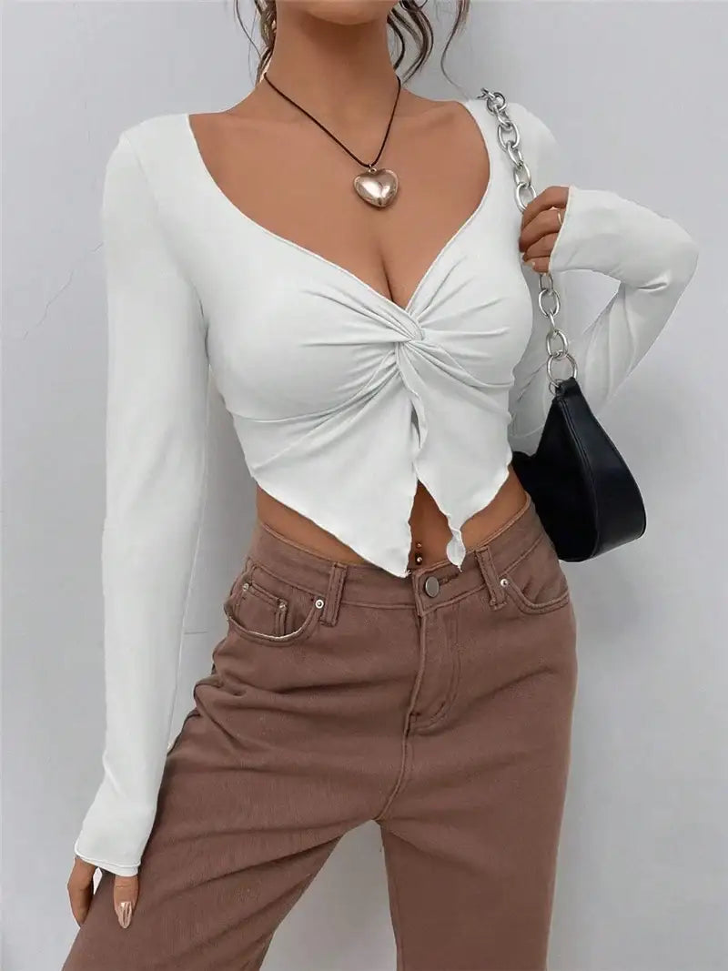 Weißes Crop-Top mit Knotendetail und lange Ärmel, Damenmode, IsabellBoutique030
