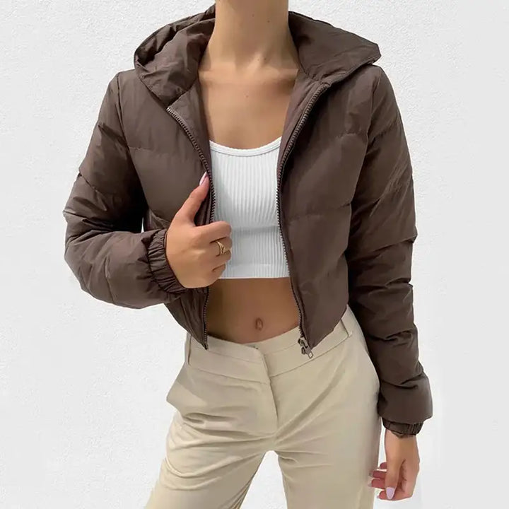 Braune kurze Daunenjacke mit Kapuze, Reißverschluss, für Damen, IsabellBoutique030