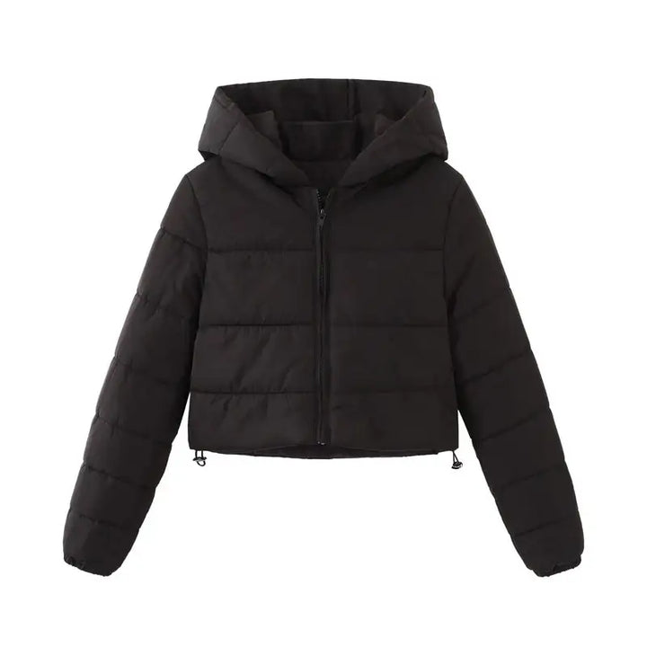Schwarze Daunenjacke mit Kapuze, gepolstert, Reißverschluss, für Damen, IsabellBoutique030
