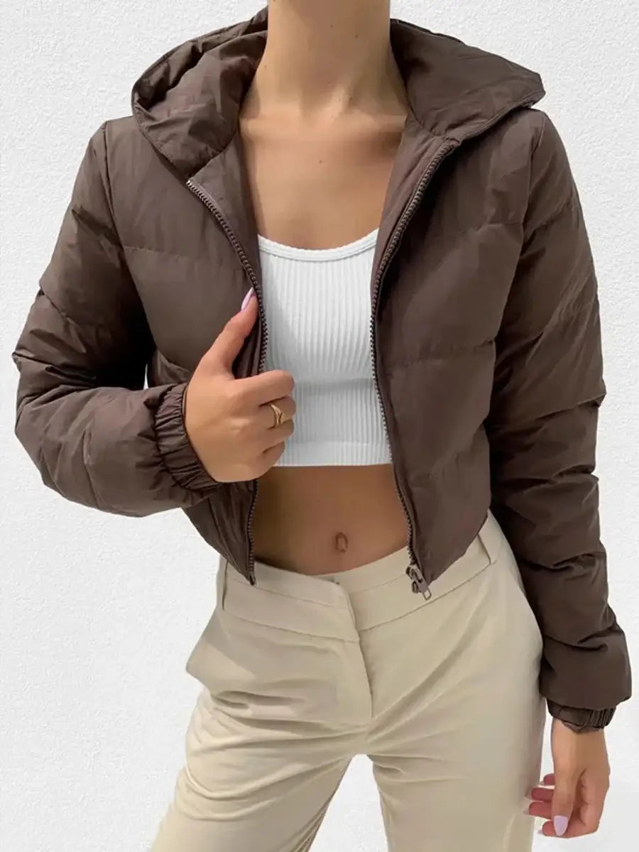Braune Steppjacke mit Kapuze, Reißverschluss, für Damen, IsabellBoutique030