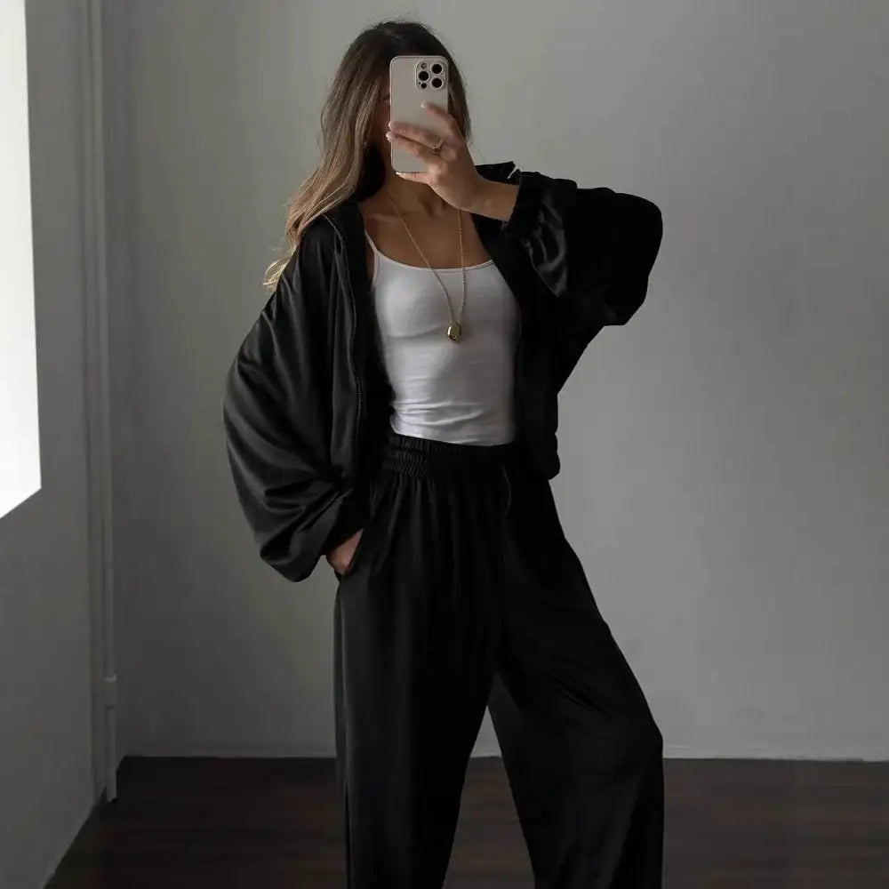Schwarzer Damen-Trainingsanzug, Oversized-Jacke, Basic-Tanktop, bequemer Stil. IsabellBoutique030