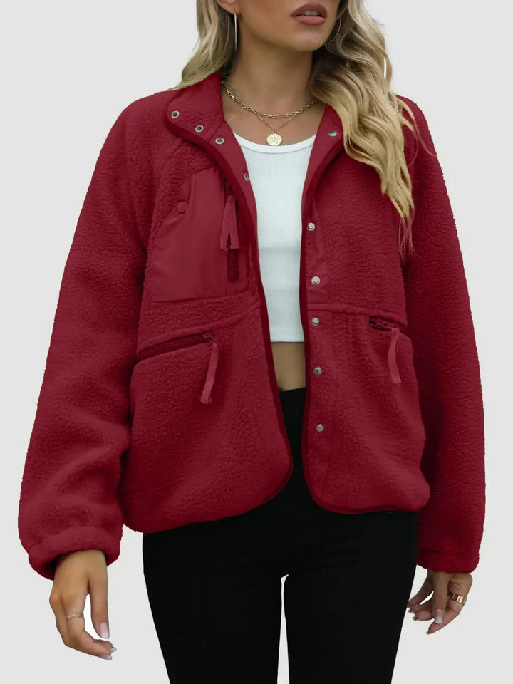 Rote Teddyfelljacke, Damenjacke mit Taschen, lässiger Stil, ideal für Herbst, IsabellBoutique030