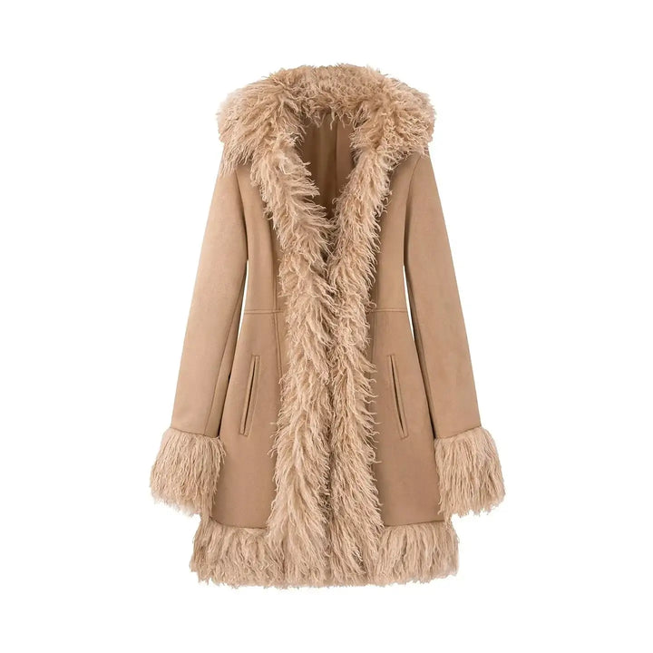Stilvoller, mittellanger Mantel aus Wildleder mit Fell-Patchwork - Damenmode online kaufen | Isabell Boutique