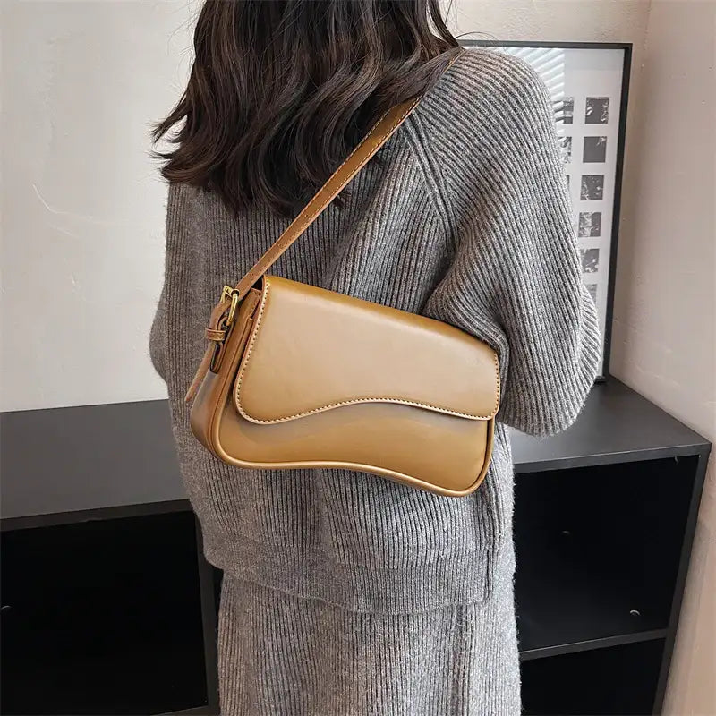 Ockerfarbene Schultertasche aus Leder, elegantes Design, für Damen, IsabellBoutique030
