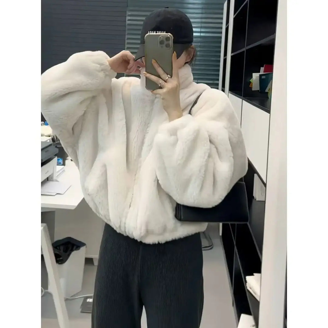 Weißer Teddy-Jacke, Stehkragen, lässiger Stil, IsabellBoutique030