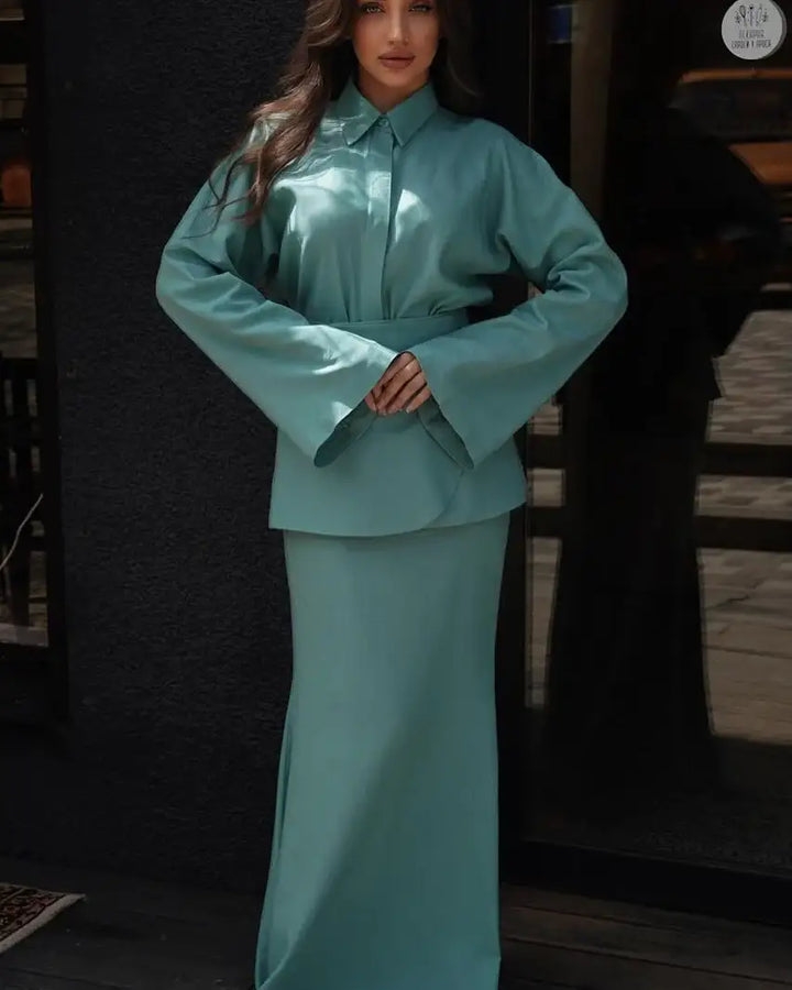 Türkises Damen-Ensemble mit Rock, Hemd ve Glockenärmeln, elegant, für Damenmode von IsabellBoutique030