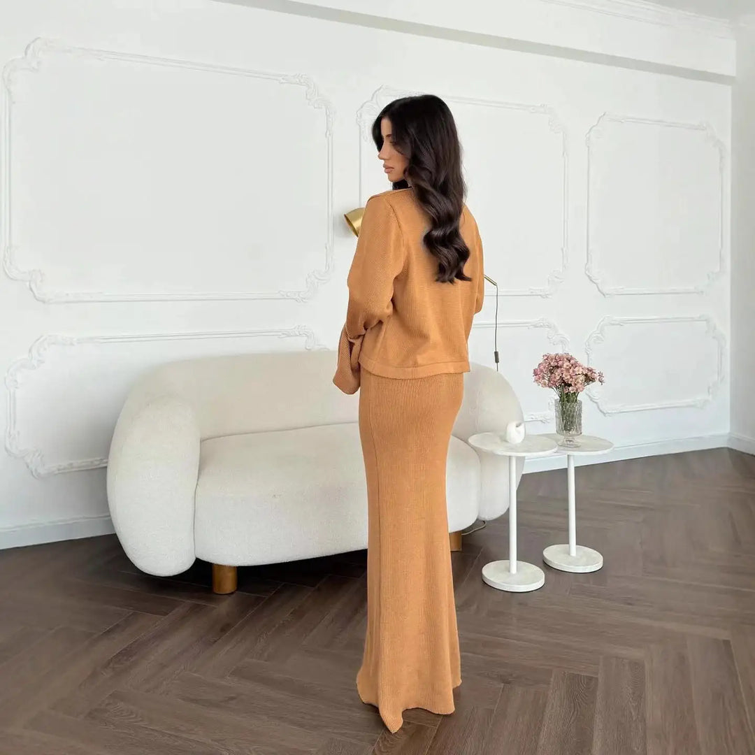 Ockerfarbenes Strick-Set, Damen-Mode, geripptes Longkleid, Strickjacke, modisch, IsabellBoutique030