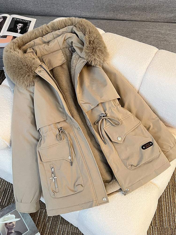 Beige Damen Winterjacke mit Fellkapuze, Parka-Stil, IsabellBoutique030