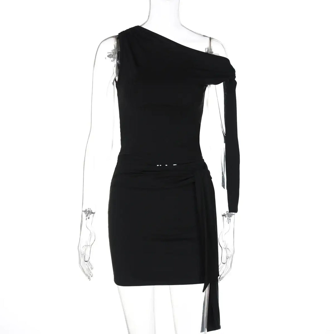 Schwarzes One-Shoulder-Minikleid mit Bindedetail, Damenmode bei IsabellBoutique030