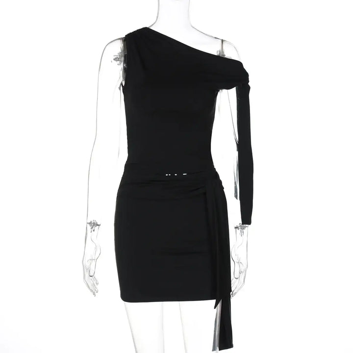 Schwarzes One-Shoulder-Minikleid mit Bindedetail, Damenmode bei IsabellBoutique030