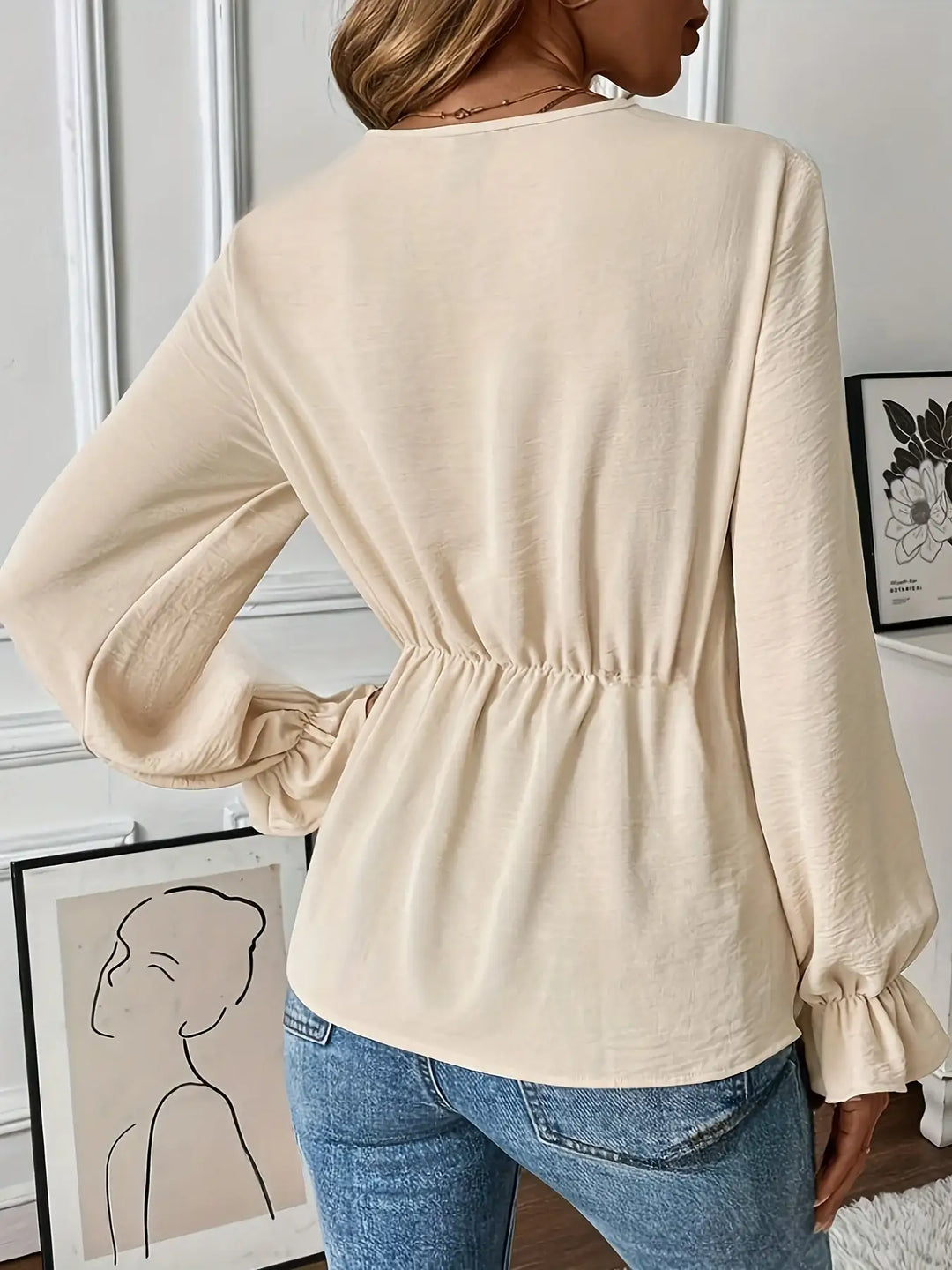 Beigefarbene Bluse mit Rüschenärmeln und Tunnelzug, Damenmode, IsabellBoutique030