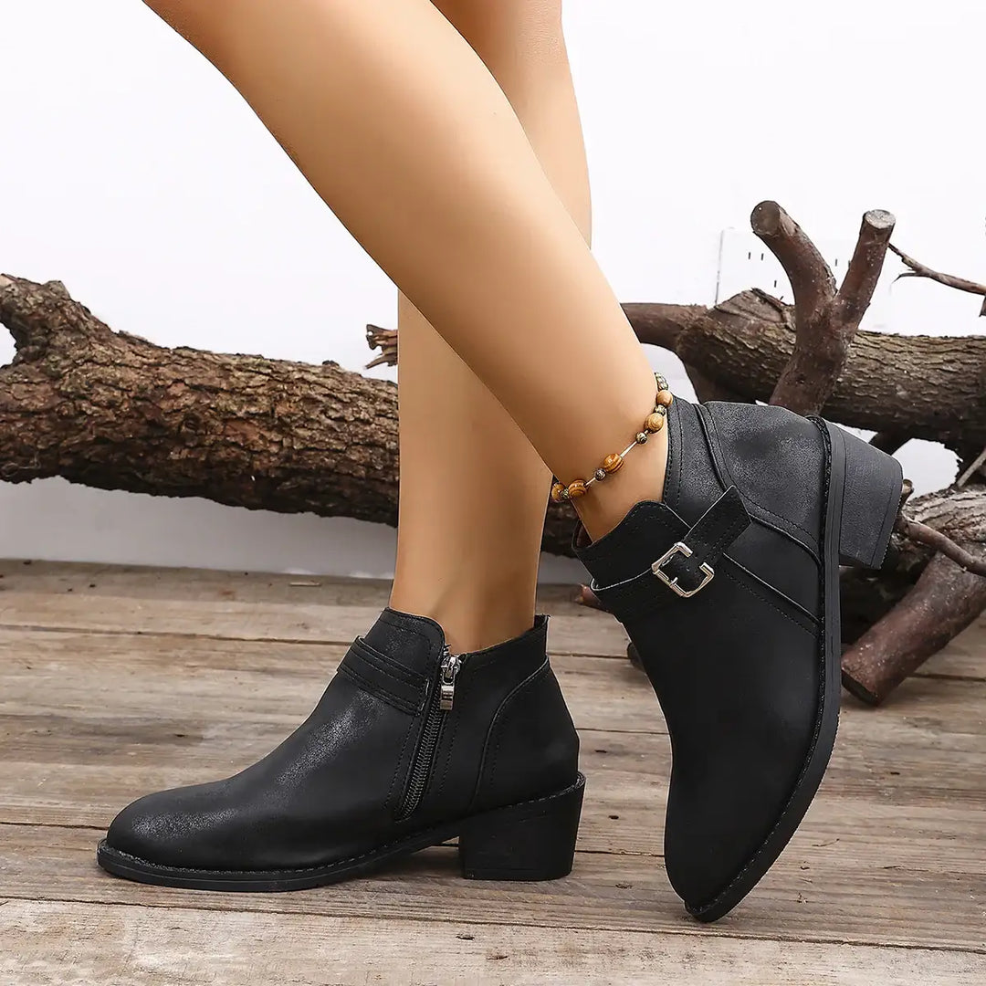 Schwarze Leder Stiefeletten mit Reißverschluss und Schnalle, Damenmode, IsabellBoutique030