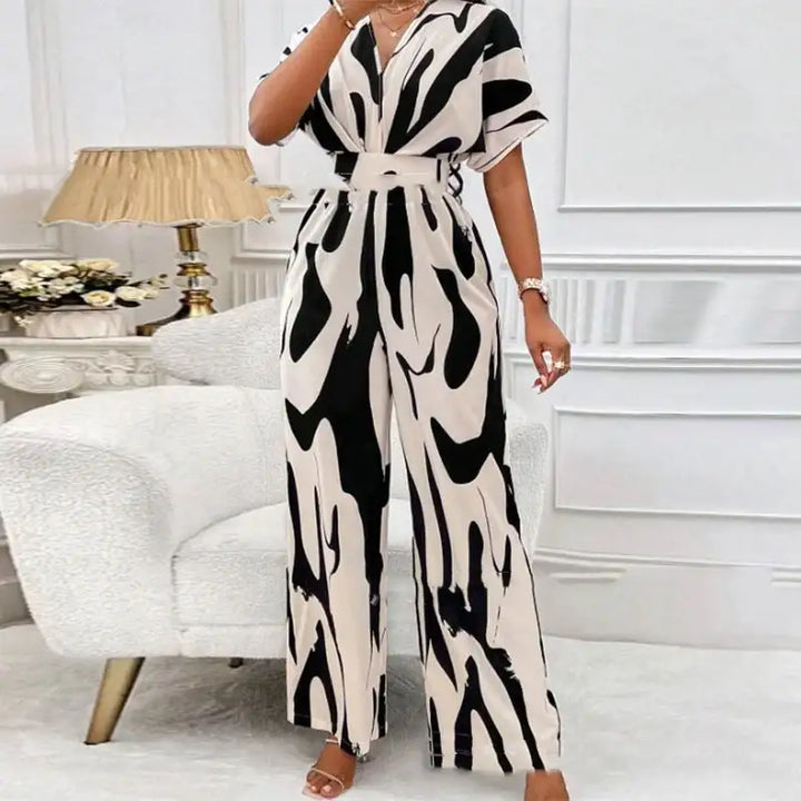 Locker Geschnittener Bedruckter Lang Jumpsuit mit V-Ausschnitt - Damenmode online kaufen | Isabell Boutique