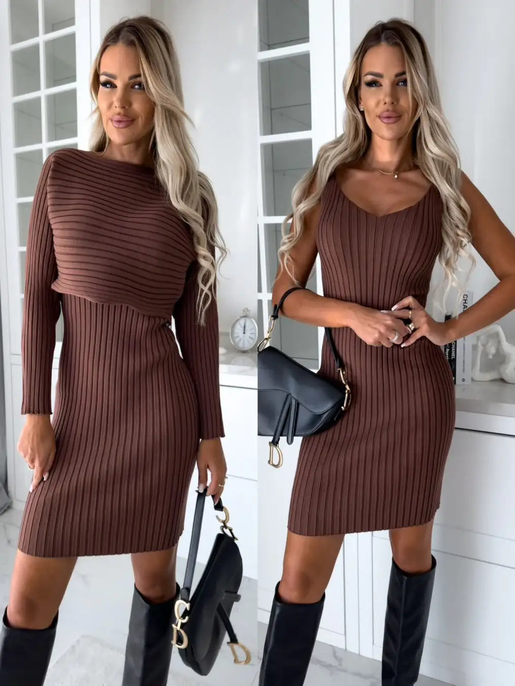 Braunes Strickkleid mit Bolero, Bodycon-Stil, Damenmode, IsabellBoutique030