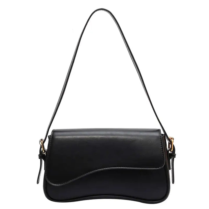 Schwarze Schultertasche mit kurzem Riemen, stilvoll. Damenmode bei IsabellBoutique030