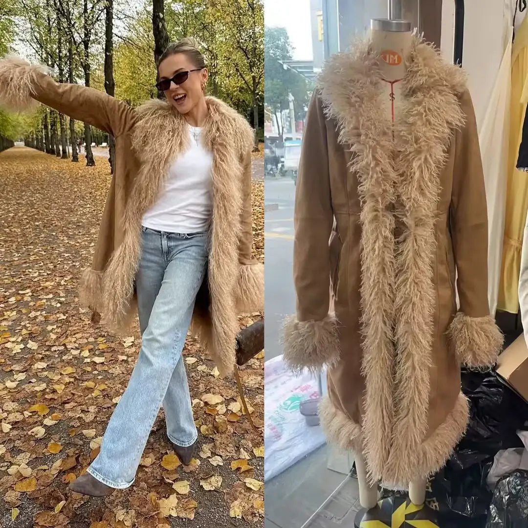 Stilvoller, mittellanger Mantel aus Wildleder mit Fell-Patchwork - Damenmode online kaufen | Isabell Boutique