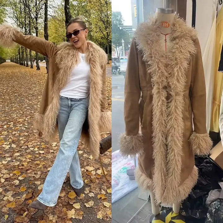 Stilvoller, mittellanger Mantel aus Wildleder mit Fell-Patchwork - Damenmode online kaufen | Isabell Boutique