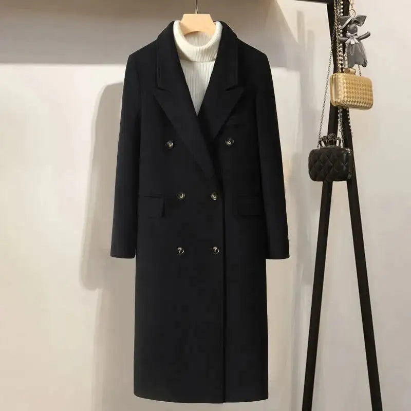 Schwarzer Wollmantel, doppelreihig, modern, für Damen. IsabellBoutique030