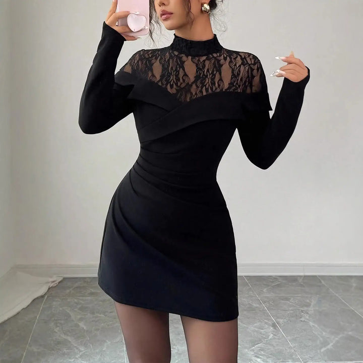 Schwarzes Mini-Kleid mit Spitze, elegantes Outfit für Damen, IsabellBoutique030